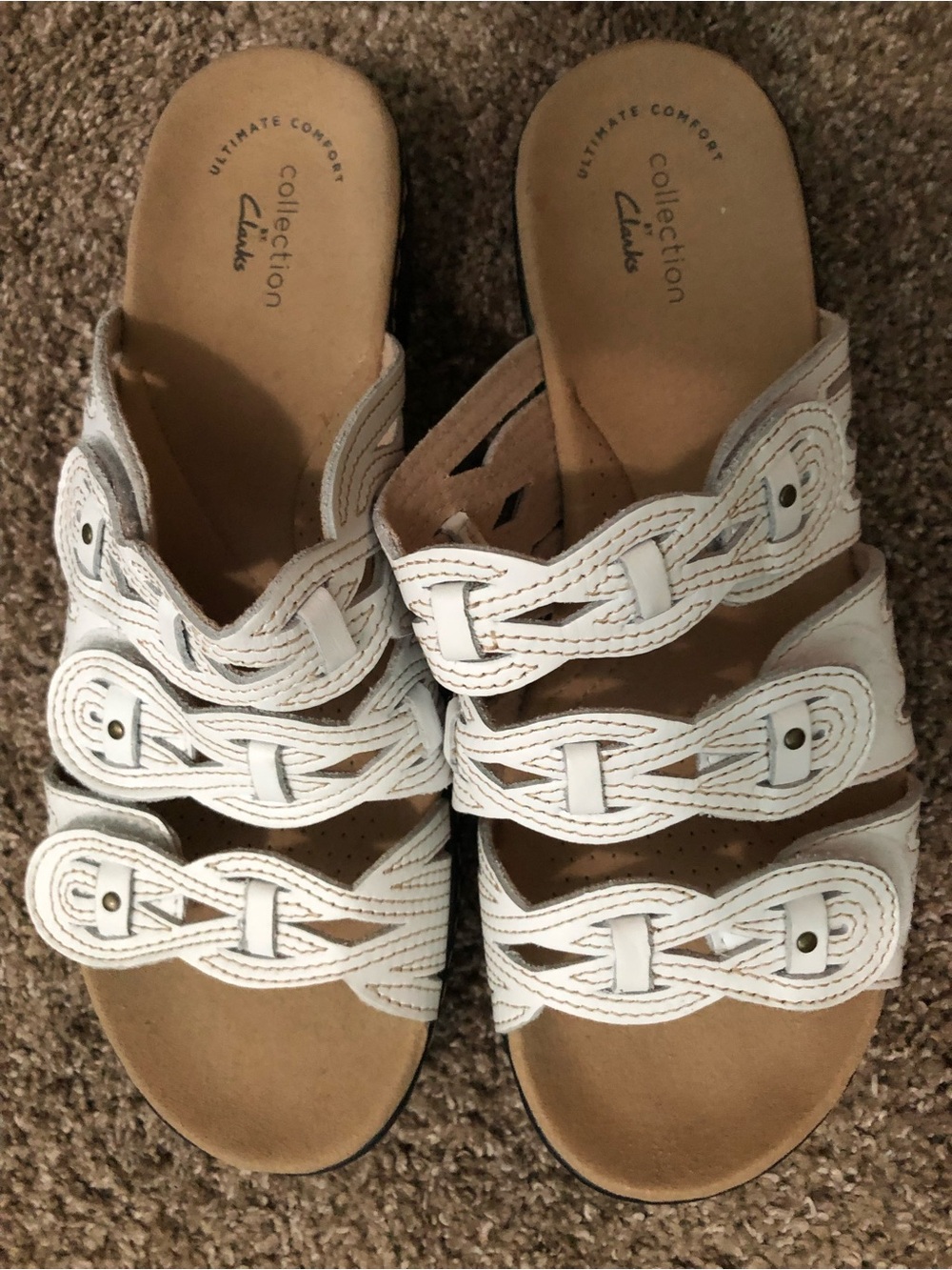 Clarks White Braided Triple-Strap Slide Sandals